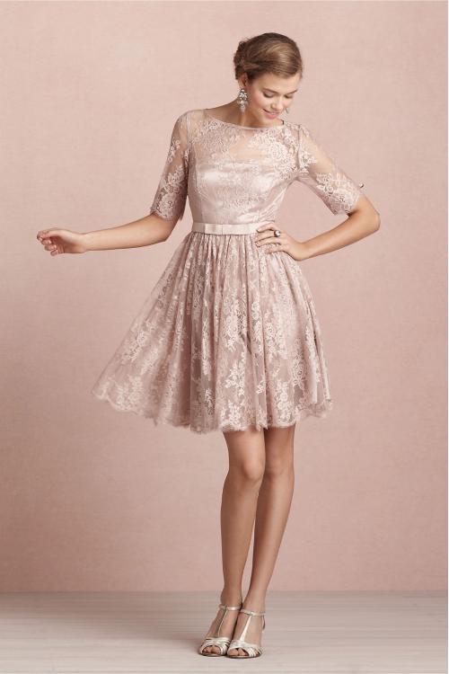 Bateau Neck Long Sleeved Lace Pattern Bridesmaid Dress with Bow Ribbon 