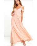 Beach Off Shoulder Pleated Long A-line Blush Chiffon Bridesmaid Dress