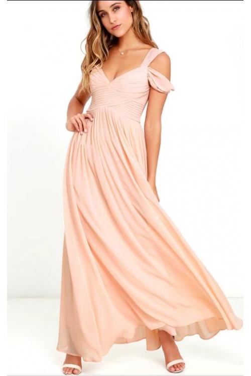 Beach Off Shoulder Pleated Long A-line Blush Chiffon Bridesmaid Dress