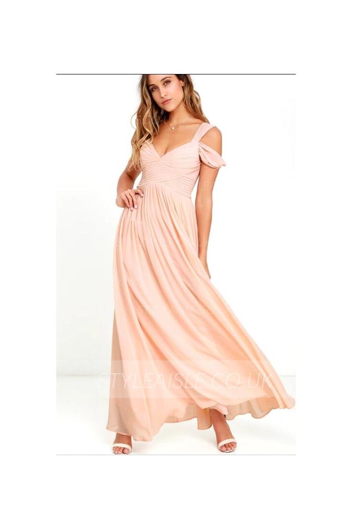 Beach Off Shoulder Pleated Long A-line Blush Chiffon Bridesmaid Dress