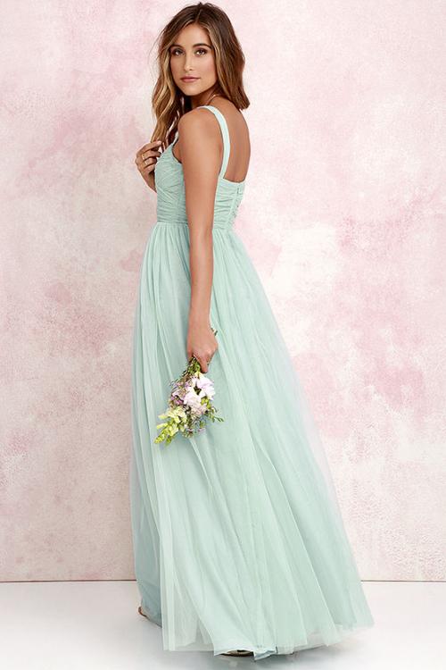 Shoulder Straps Pleated Long Tulle Bridesmaid Dress 