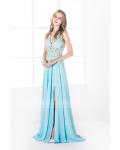 Sexy Sleeveless A-line Keyhole Back Blue Lace Chiffon Prom Dress with Slit