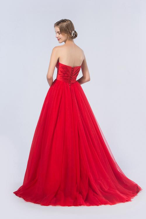 Simple A-line Strapless Pleated Long Red Satin Prom Dress