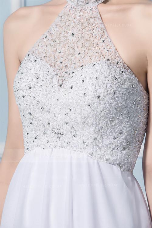  A-line Halter Sleeveless Beading Sweep/Brush Train Wedding Dresses