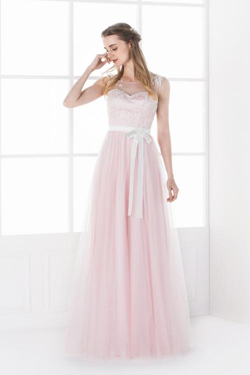 Lace Appliqued Illusion Neck A-line Pink Tulle Bridesmaid Dress with Ribbon 