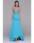One Sleeveless Halter Neck Long Sheath Blue Chiffon Prom Dress 
