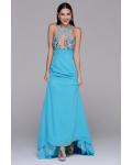 One Sleeveless Halter Neck Long Sheath Blue Chiffon Prom Dress 