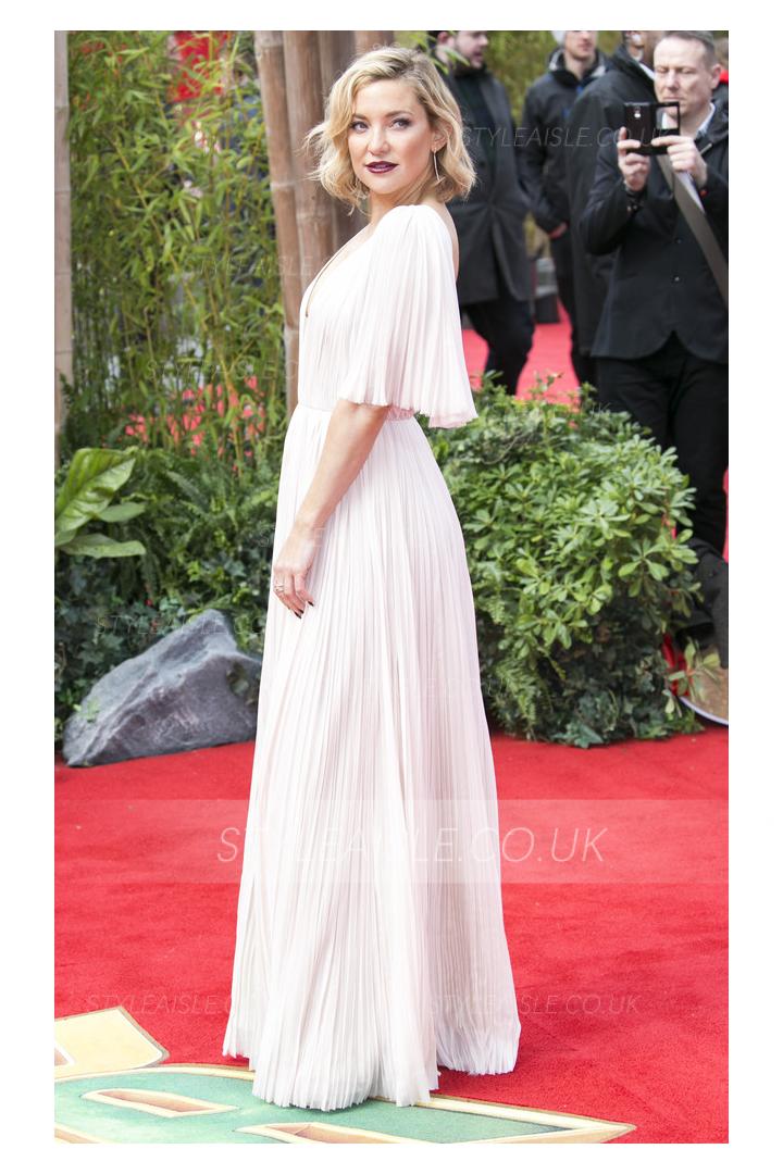 Elegant A-line V Neck Long White Chiffon Prom Dress with Short Sleeves 