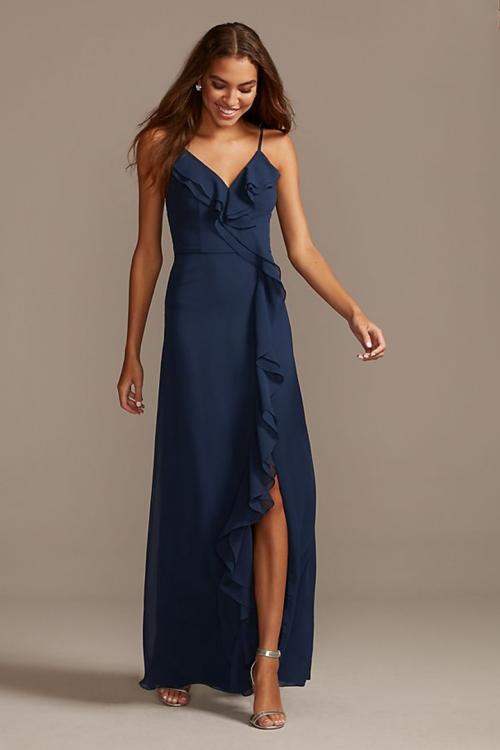  Sheath/Column Spaghetti Straps V-neck Sleeveless Ruffles Split Floor-length Long Chiffon Bridesmaid Dresses