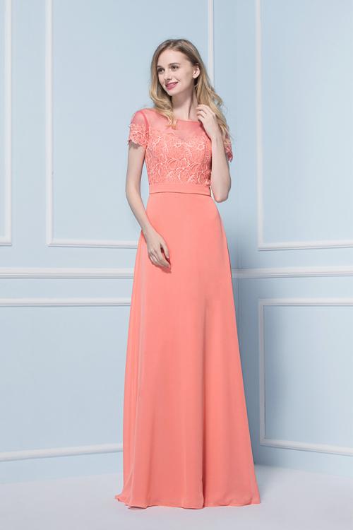 Vintage Inspireds A-line Bateau Short Sleeve Lace Floor-length Long Chiffon Bridesmaid Dress