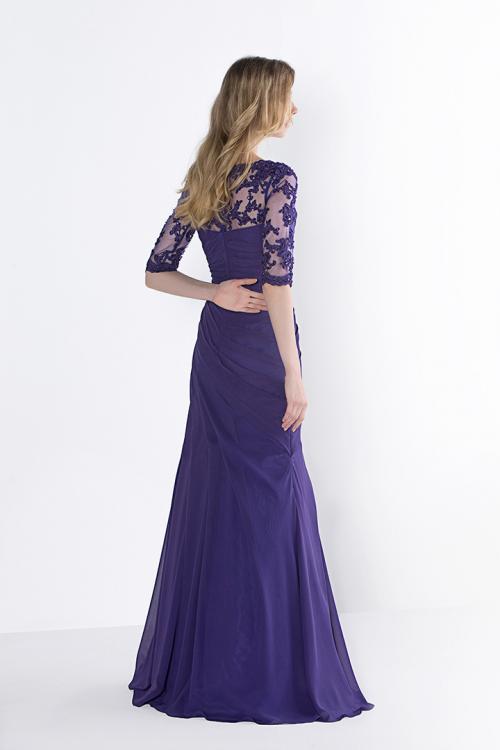 Vintage Lace Bodice Half Sleeved Fit Flared Long Dropped Waist Chiffon Prom Dress 