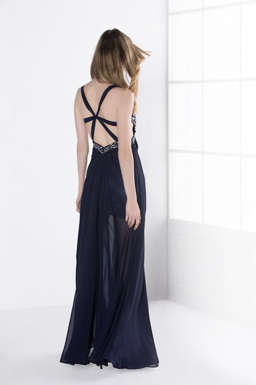 Sexy A-line Shoulder Straps Beading Long Navy Chiffon Prom Dress