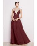 A-line Deep V-neck Sleeveless Empire Waist Lace Floor-length Long Tulle Prom Dresses with 2 Sashes