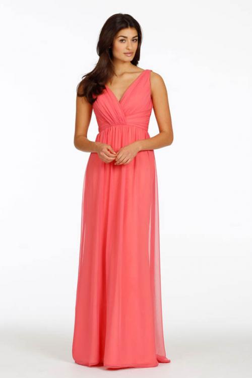 Sleeveless V Neck Empire A-line Watermelon Long Chiffon Maternity Bridesmaid Dress