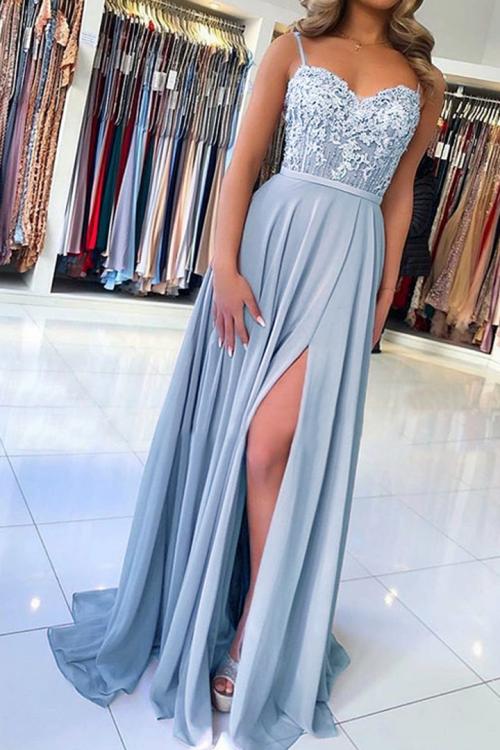 Spaghetti Straps Lace Appliques Beading Split Floor length Long Chiffon Prom Dress