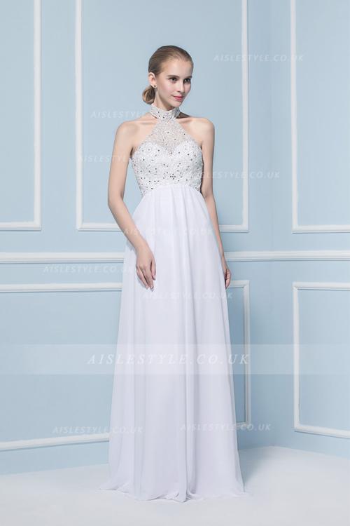  A-line Halter Sleeveless Beading Sweep/Brush Train Wedding Dresses