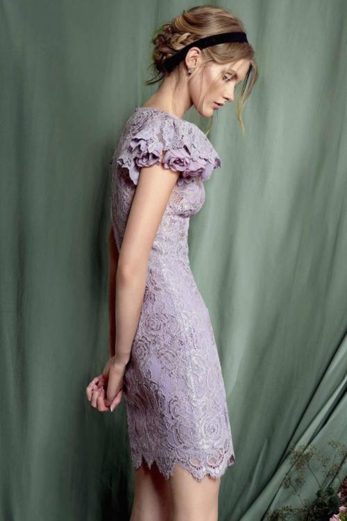  Sheath/Column Jewel Neckline Cap Sleeves Laces Hand Made Flowers Short/Mini Short Evening Dress