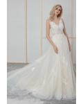Column Illusion Neck Sleeveless Lace Appliques Beading Court Train Long Tulle Wedding Dresses (Picture shown - Ivory Dress with a layer of champagne tulle inside)