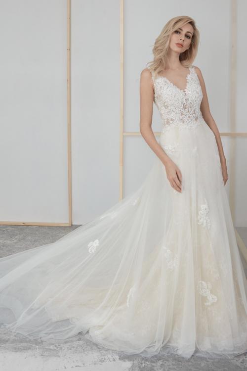 Column Illusion Neck Sleeveless Lace Appliques Beading Court Train Long Tulle Wedding Dresses (Picture shown - Ivory Dress with a layer of champagne tulle inside)