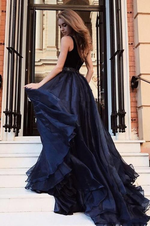 Charming V-neck Velet Top Floor-length Long Chiffon Split Evening Dresses