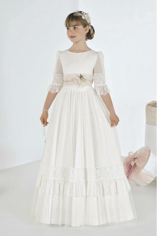 Boho Flutter Lace Sleeves Long A-line 1 st Communion Dress with Flower