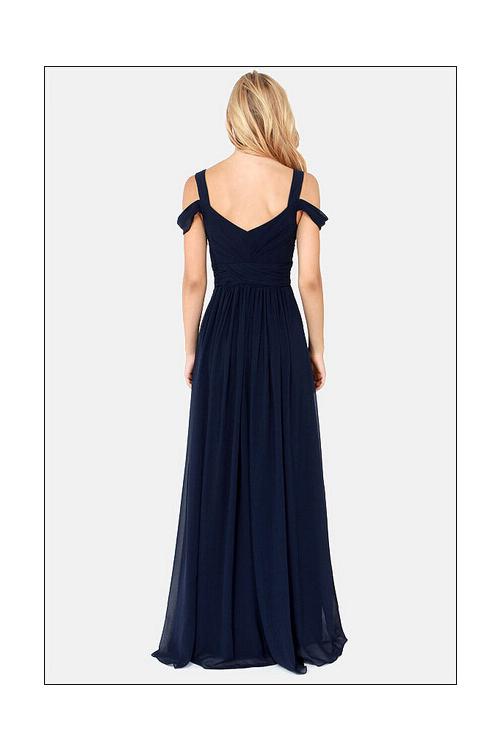 Shoulder Straps Navy Blue Chiffon Split Long Bridesmaid Dress 