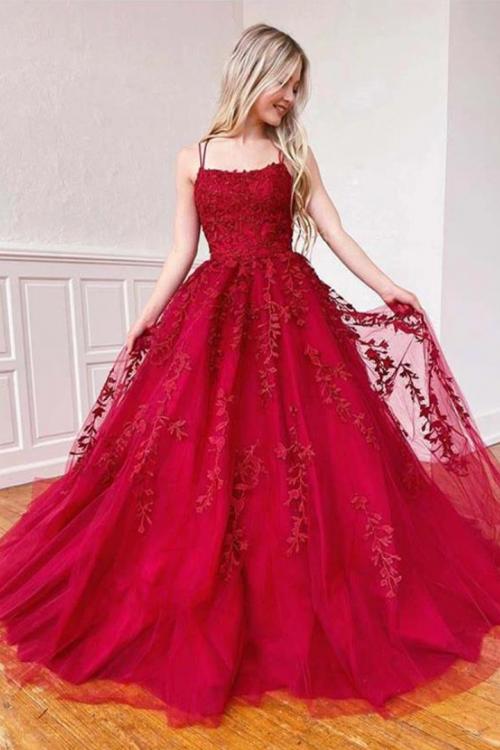  Elegant A-line Sleeveless Lace Appliques Floor-length Long Tulle Prom Dress