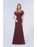 Seauin Beaded Scoop Neck Sheath Burgundy Chiffon Long Bridesmaid Dress 