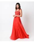Chic Sleeveless Lace Bodice Long Coral Chiffon Prom Dress 