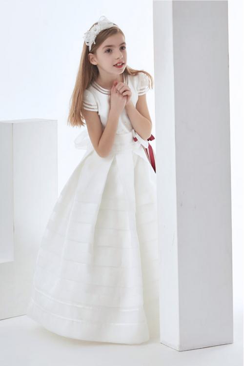 Nectarean Ball Gown Short Sleeve Bow(s) Floor-length Organza Communion Dresses 