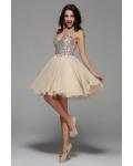 Knee Length Beading V Neck Champagne Chiffon A-line Prom Dress 