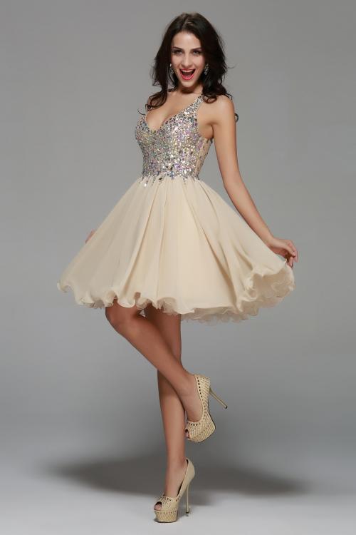 Knee Length Beading V Neck Champagne Chiffon A-line Prom Dress 