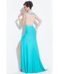 Illusion Bateau Neck Sheath High Split Long Jersey Prom Dress with Beading 