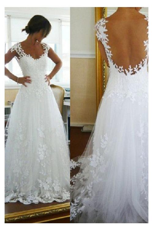 Scoop Neck Cap Sleeve Lace Top A-line Long Tulle Wedding Dress 