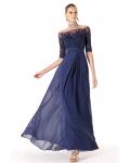 Charming A-line Off-the-shoulder Half Sleeve Beading Lace Ruching Floor-length Chiffon Mother of the Bride Dress 