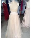 Two Piece High Neck Sparkling Long Blush Tulle Beaded Prom Dress 