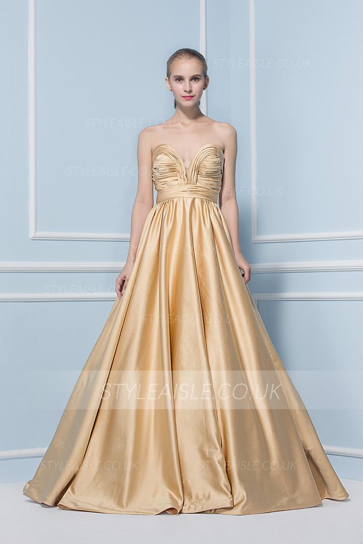 Ball Gown Strapless Ruching Long Puffy Satin Bridesmaid Dress