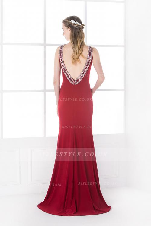  Tight/Bodyhuge Jewel Sleeveless Beading Pleated Long Prom Dress