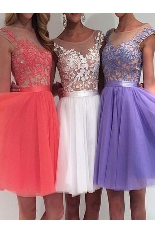 Floral Lace Cap Sleeved Short Tulle Prom Dress 