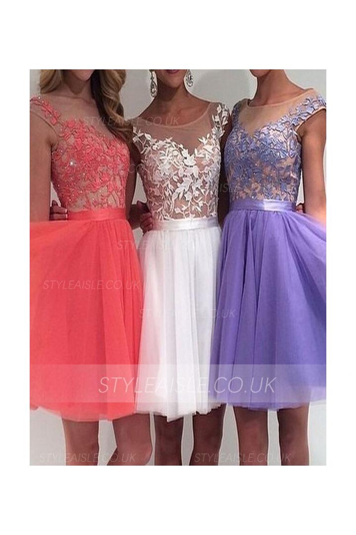 Floral Lace Cap Sleeved Short Tulle Prom Dress 