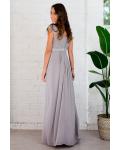 Cap Sleeves Sequin Lace Long Chiffon Junior Prom Dress with Ribbon