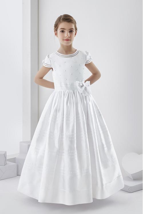  A-line Jewel Neck Short Sleeve Bow(s) Pearl Detailing Floor-length Satin Long Communion Dresses