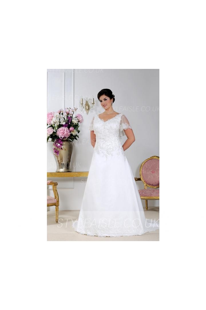 Plus Size V-neck Short-Sleeve Lace-up Beaded Satin Wedding Dress with Lace Appliques