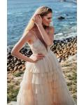  A-line Spaghetti Straps V-neck Sleeveless Ruching Top & Pleated Ruffles Sweep/Brush Train Long Tulle Prom Dresses