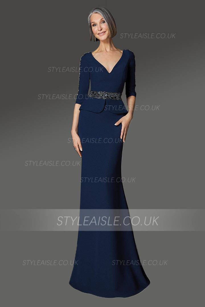 Designer V-neck 3/4 Length Sleeves Beading Sweep/Brush Train Long Cocktail Dresses