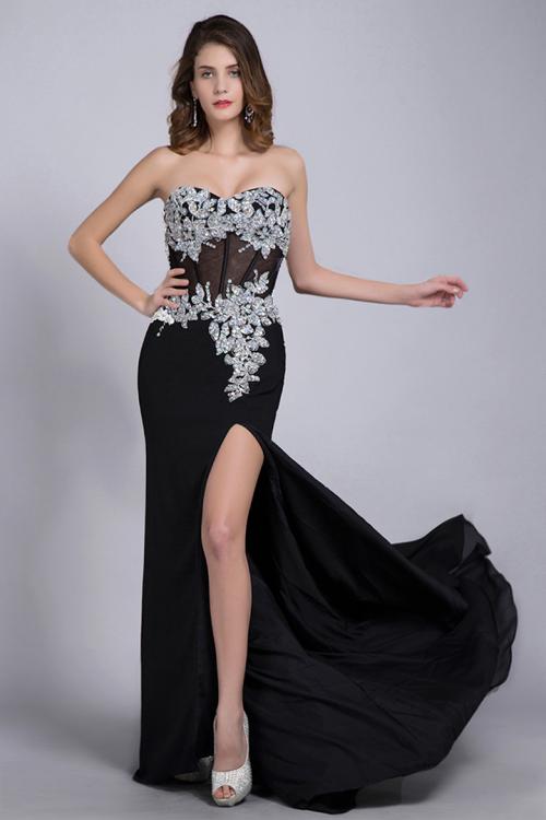 Black Sweetheart Sleeveless Beading Split Sweep/Brush Train Long Chiffon Evening Dresses