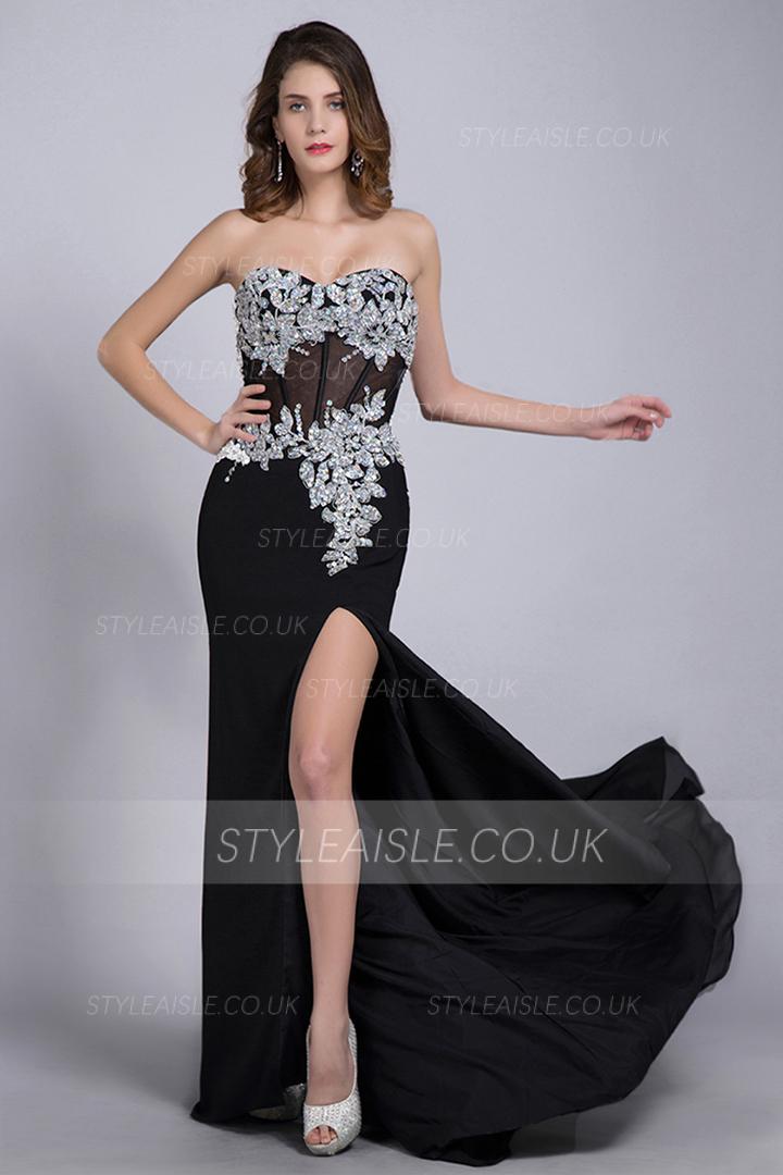 Black Sweetheart Sleeveless Beading Split Sweep/Brush Train Long Chiffon Evening Dresses