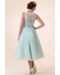 Tea Length Bateau Neck Lace Covered Bodice A-line Tulle Bridesmaid Dress with Ribbon 