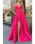 A-line V-neck Sleeveless Split Floor-length Long Satin Prom Dress