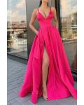  A-line V-neck Sleeveless Split Floor-length Long Satin Prom Dress